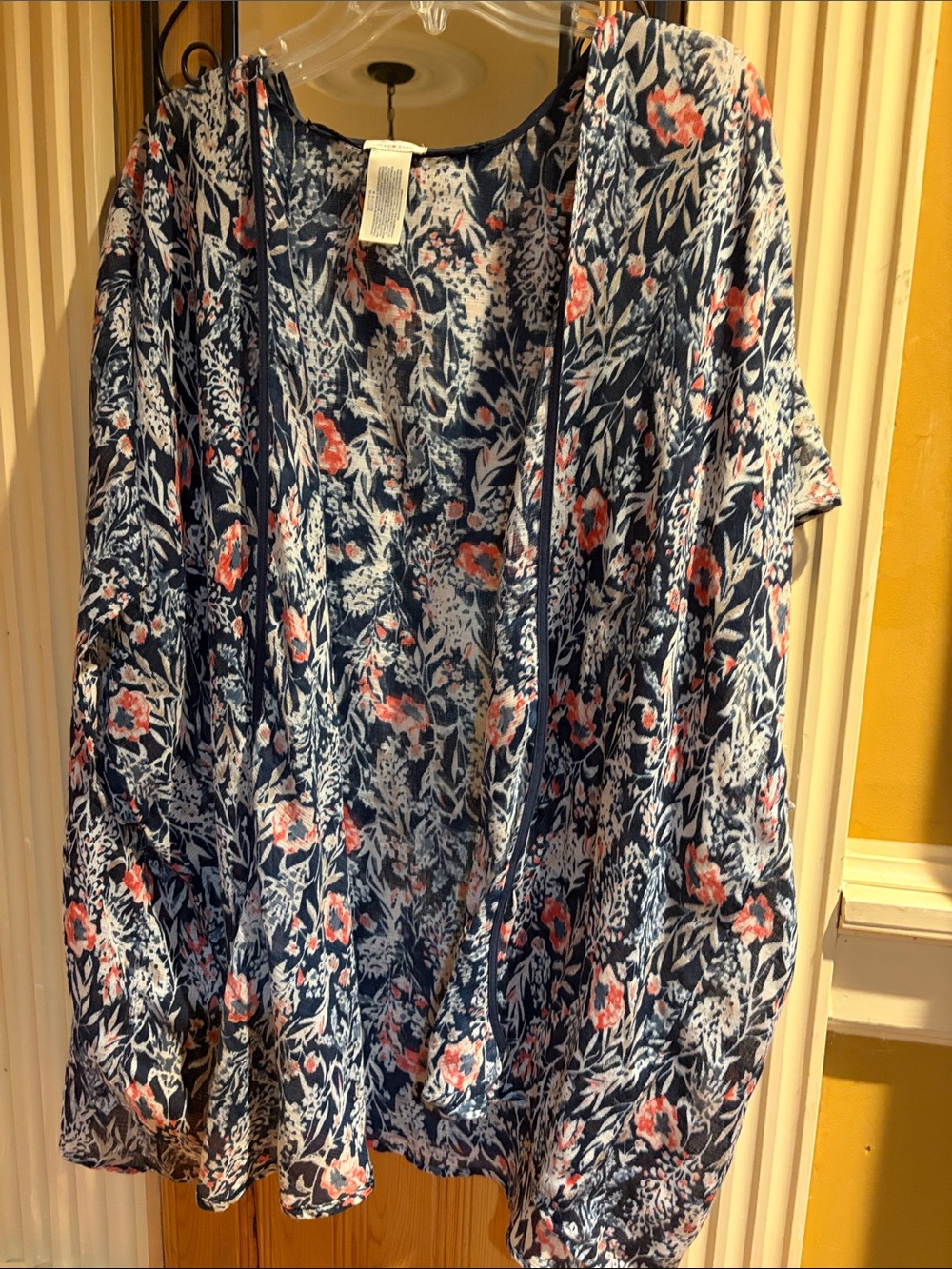 Lucky Brand Floral Open Front Kimono Cardigan - Navy with Coral & White Flowers